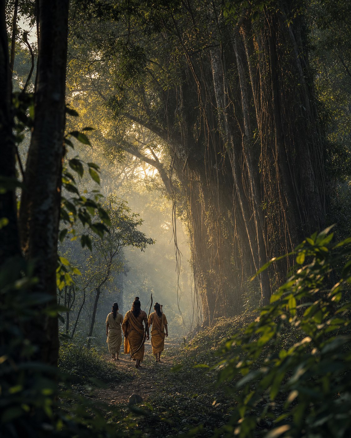 Cinematic forest scene representing the journey into exile