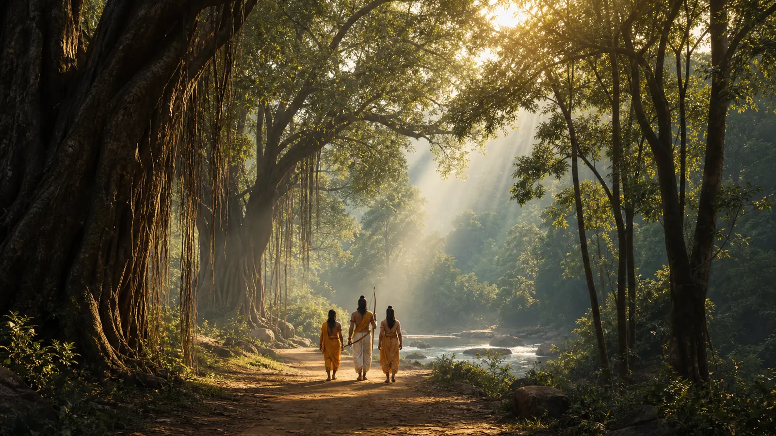 Three figures walking together through a luminous ancient forest